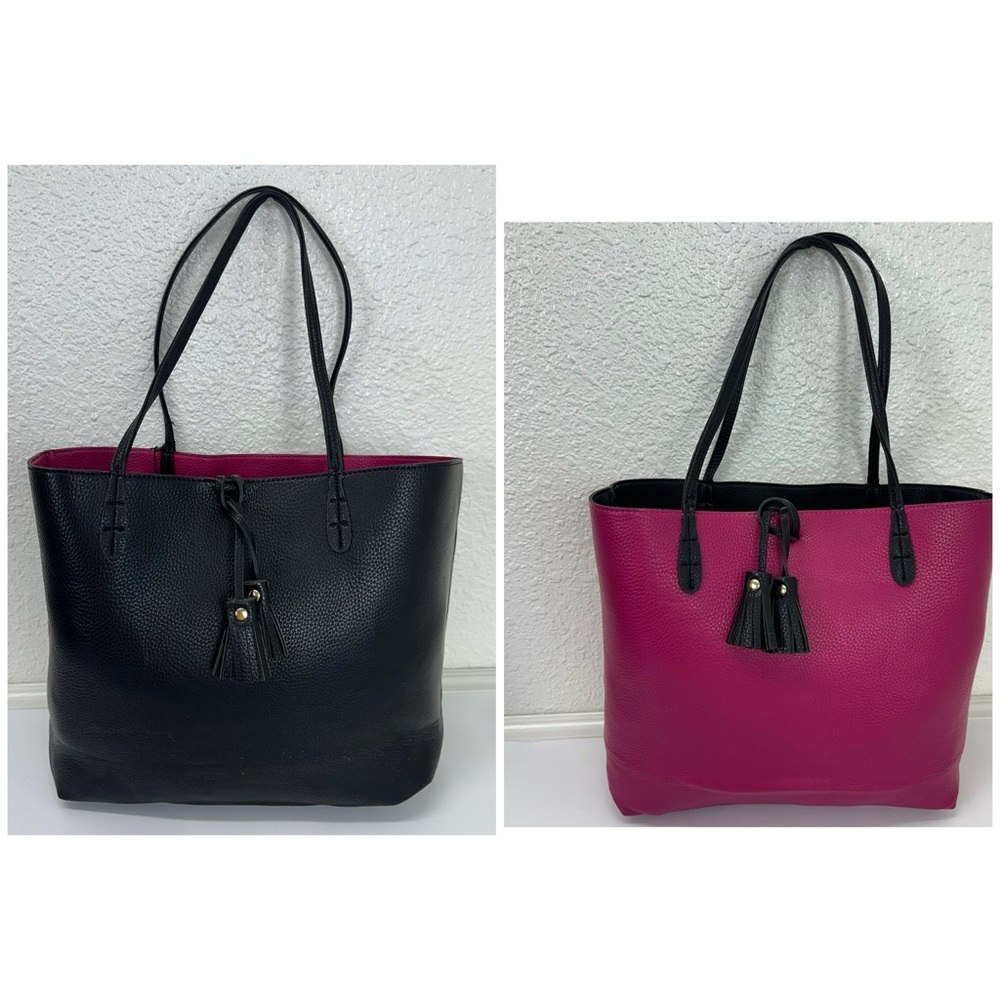 Women's Street Level Reversible Vegan Leather Tote Bag Black & Berry Casual Chic